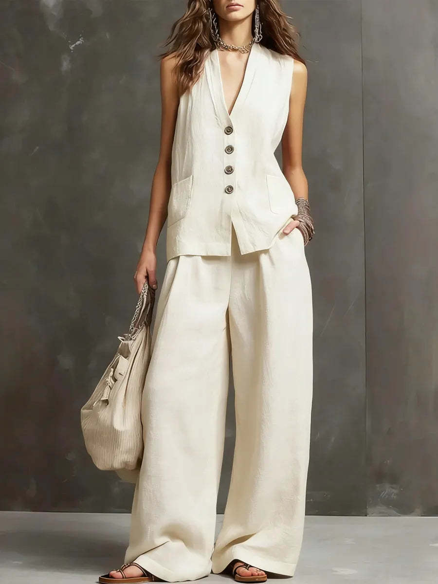Cotton linen vest and wide-leg pants set - view 2