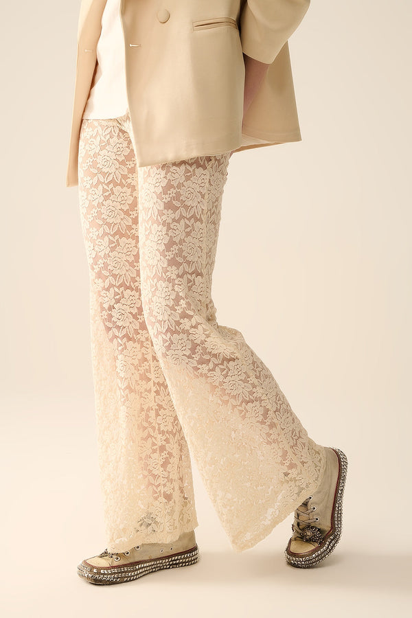 Cream Flare Pants in Floral Lace - front view | The BB's Box