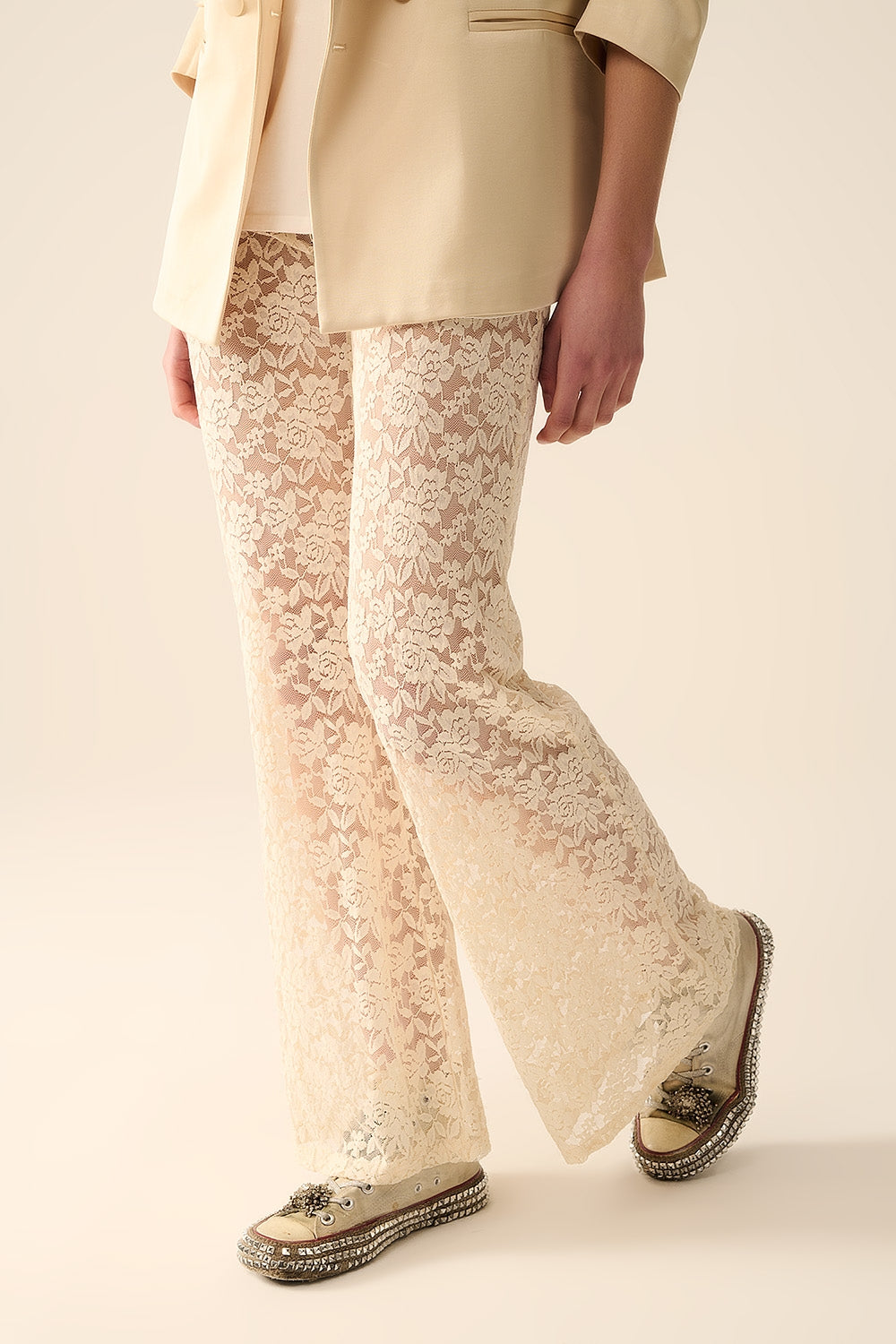 Cream Flare Pants in Floral Lace - close-up | The BB's Box