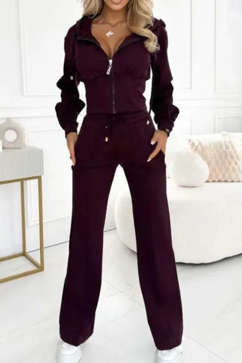 Hooded Zipper Jacket with Tight-Fitting Bottom Set - close-up | The BB's Box