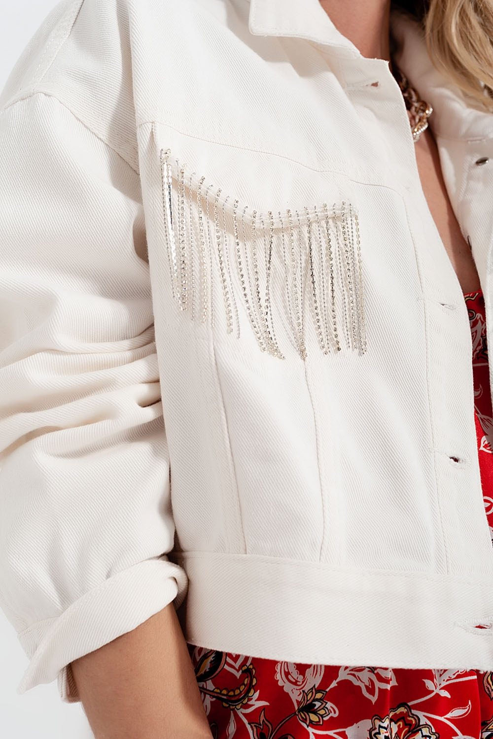 Denim Jacket With Diamante Fringing in White - detail view | The BB's Box