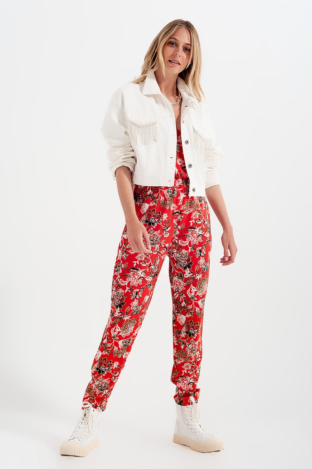Denim Jacket With Diamante Fringing in White - back view | The BB's Box