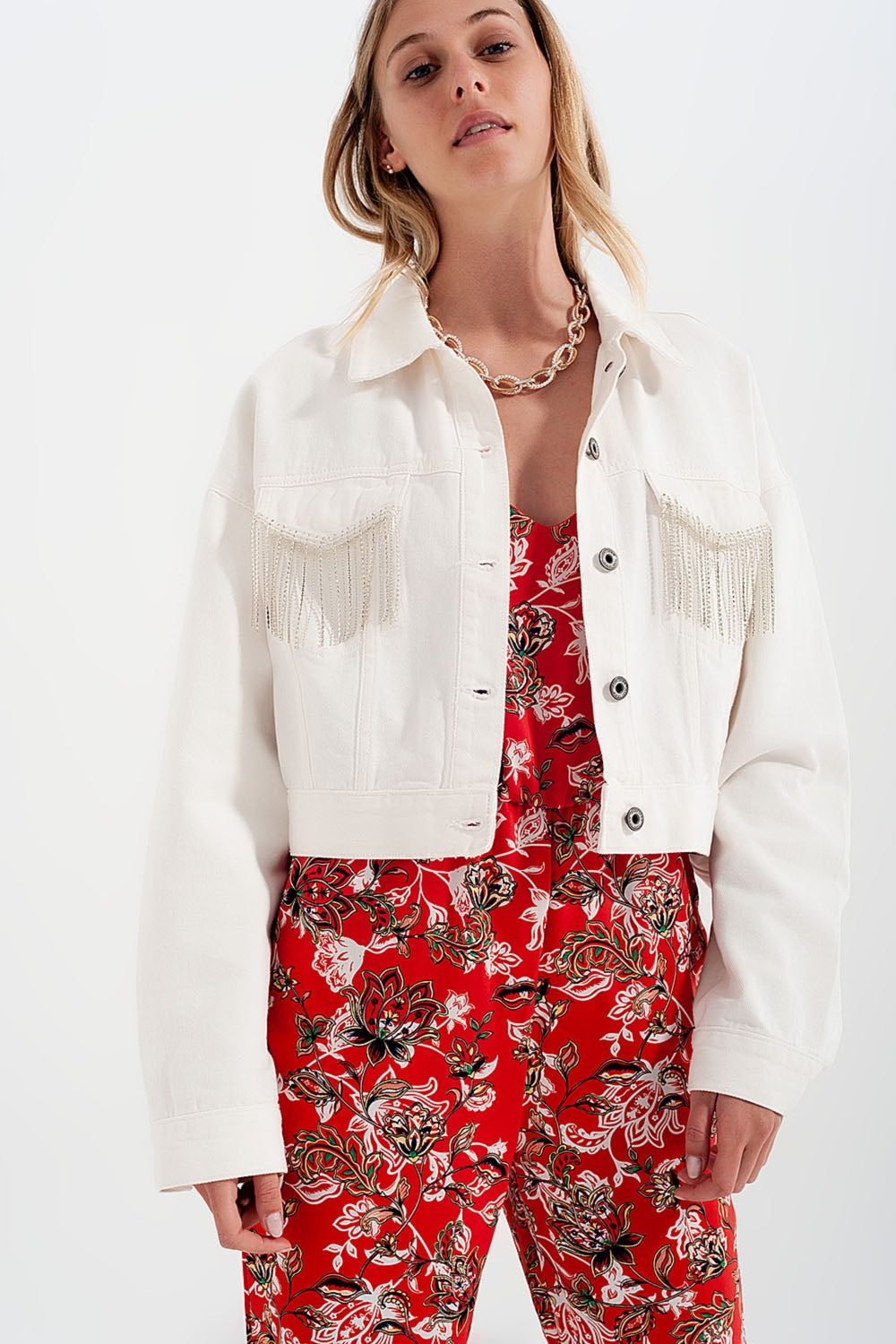 Denim Jacket With Diamante Fringing in White - styling view | The BB's Box