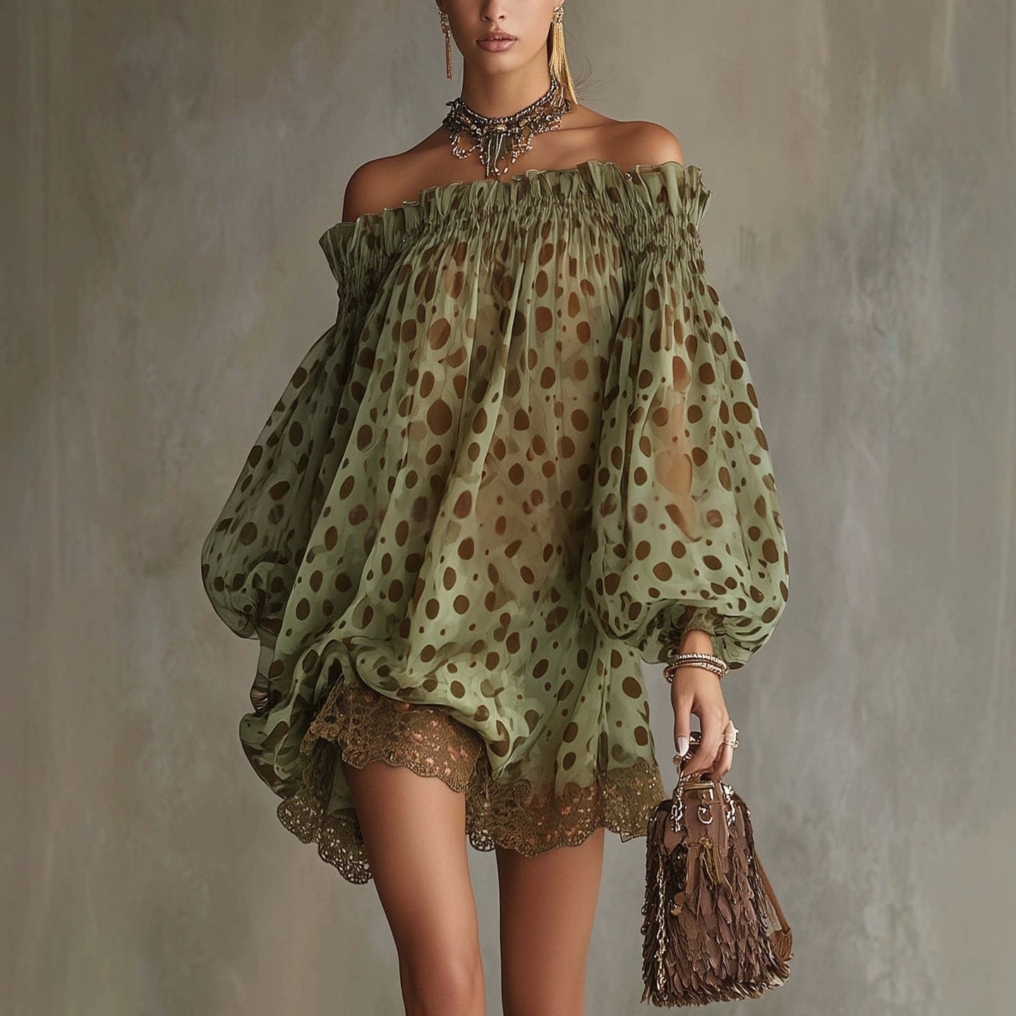 Off-Shoulder Chiffon Puff-Sleeve Dress