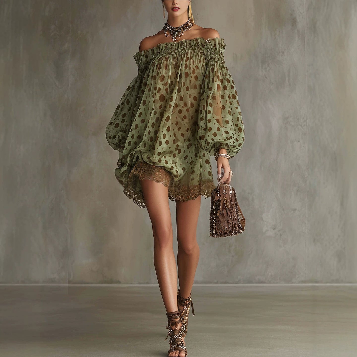 Off-Shoulder Chiffon Puff-Sleeve Dress