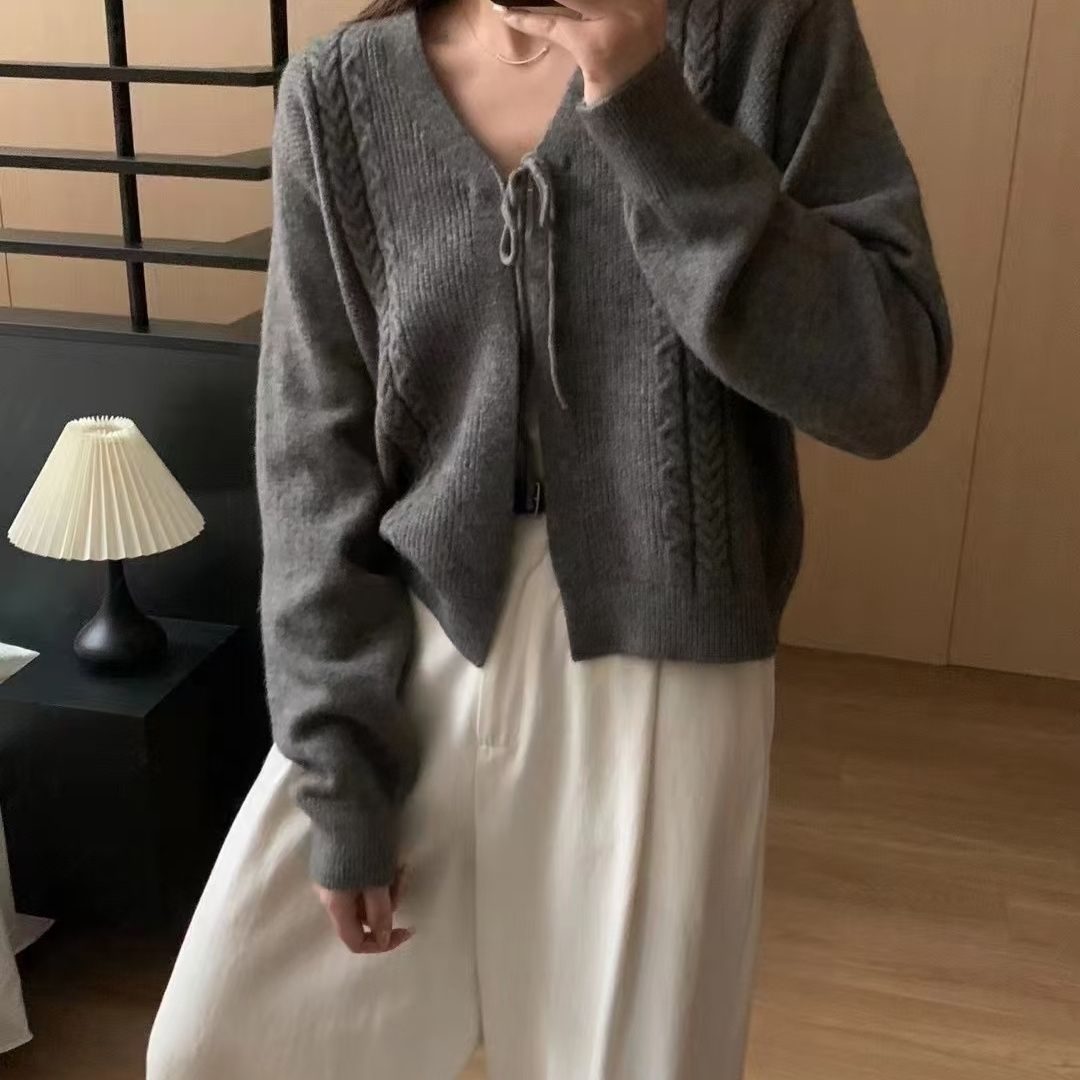 Lace-up V-neck cable knit cardigan - view 4