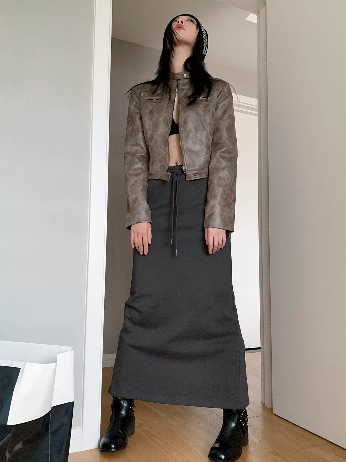 Short brown faux leather biker jacket - view 3