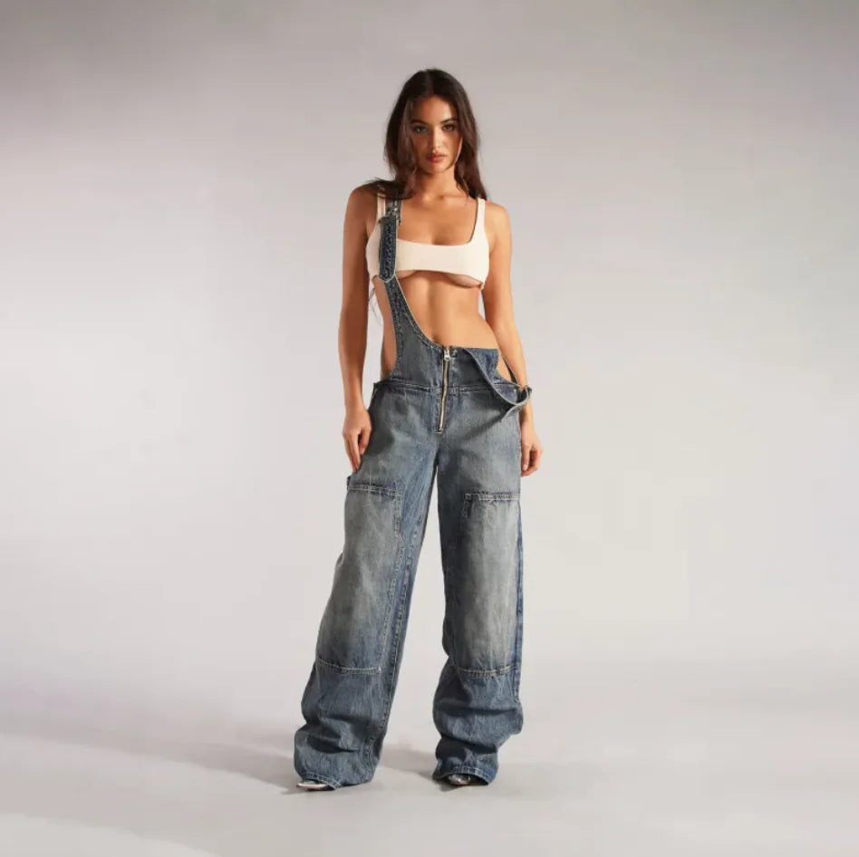 Y2K Zipper Denim Overalls - side view | The BB's Box