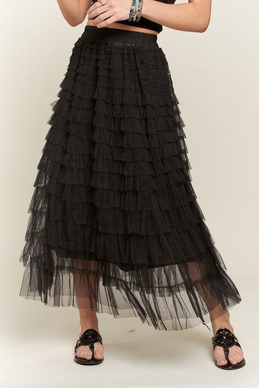 ADORA Elastic Waist Layered Mesh Midi Skirt-0