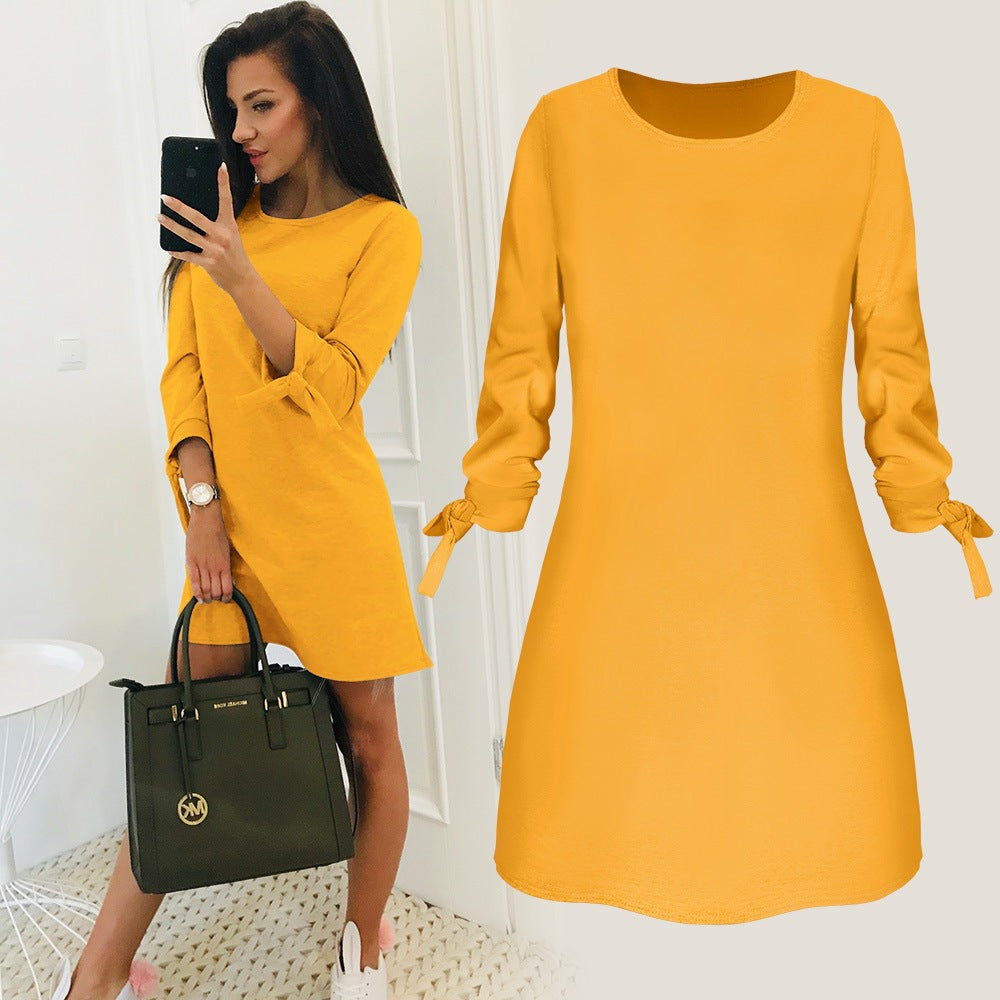 Solid Color Casual Dress with O-Neck and Tie Detail - close-up | The BB's Box