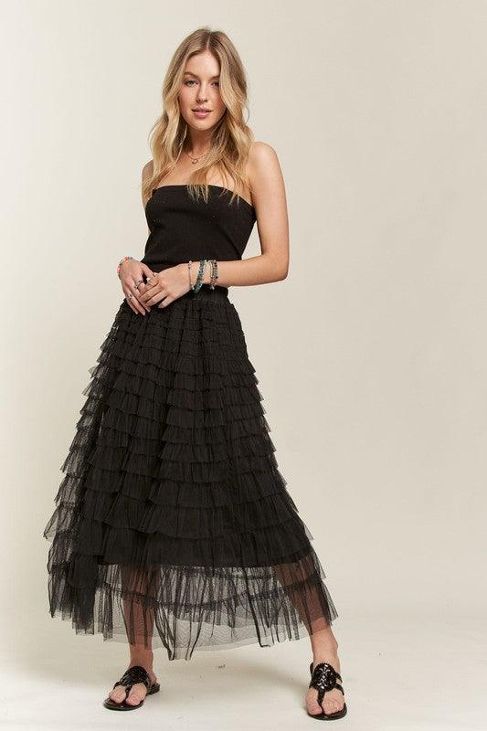 ADORA Elastic Waist Layered Mesh Midi Skirt-4