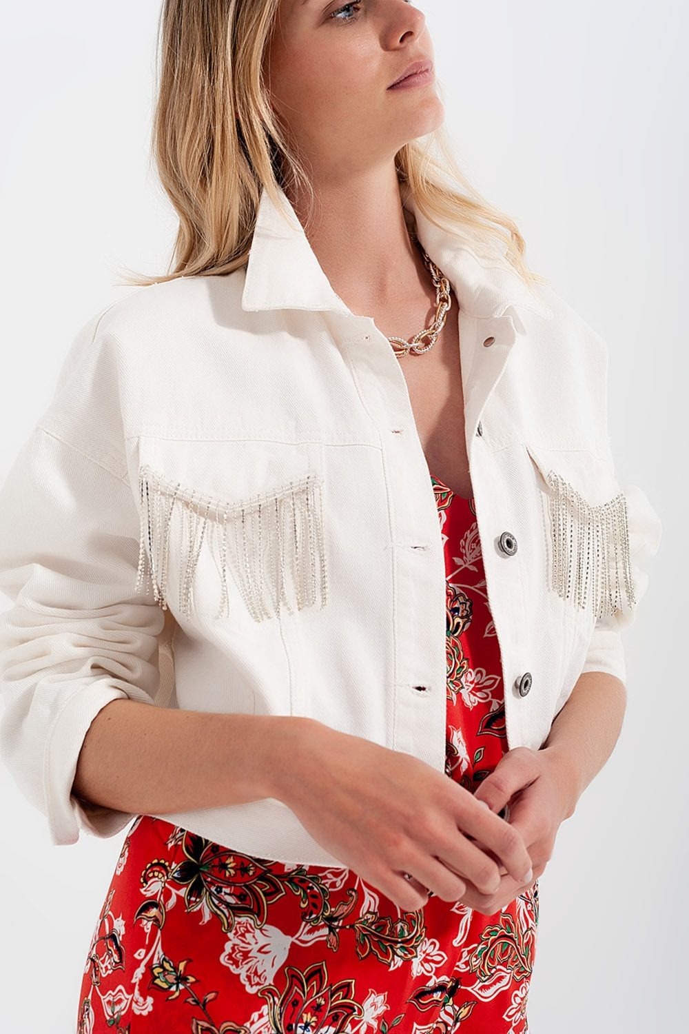 Hero — white denim jacket with diamante fringing