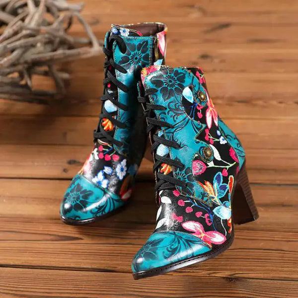 Armak2 - Vibrant Floral Pattern Leather Booties For Women - front view | The BB's Box