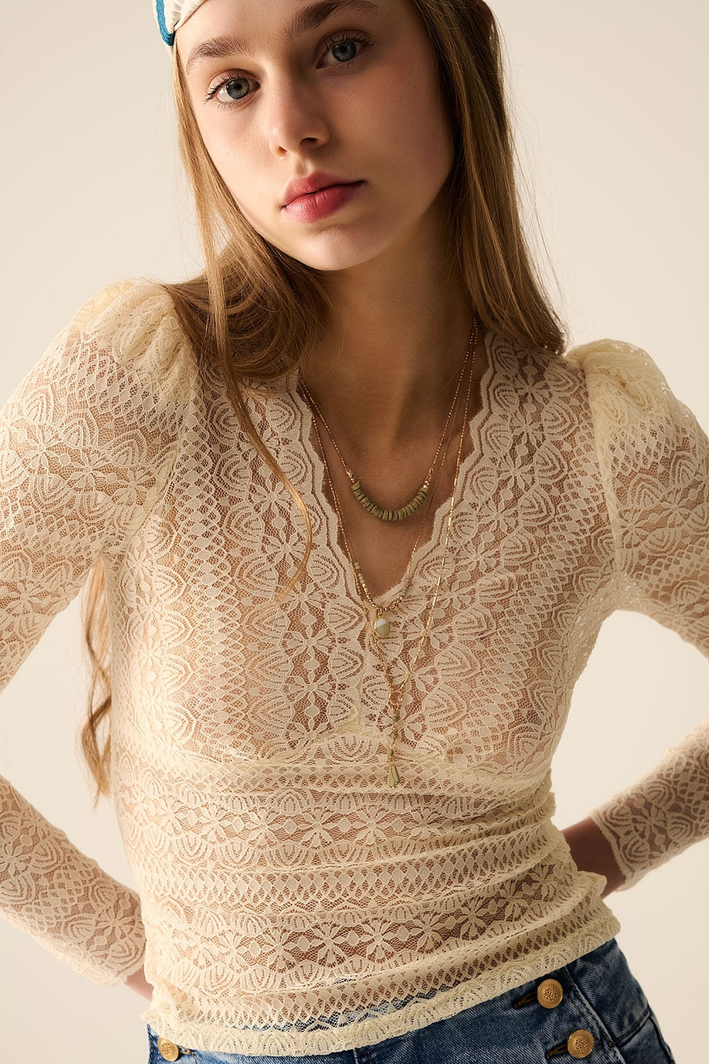Romantic V-Neck Lace Top With Long Sleeves in Beige - front view | The BB's Box