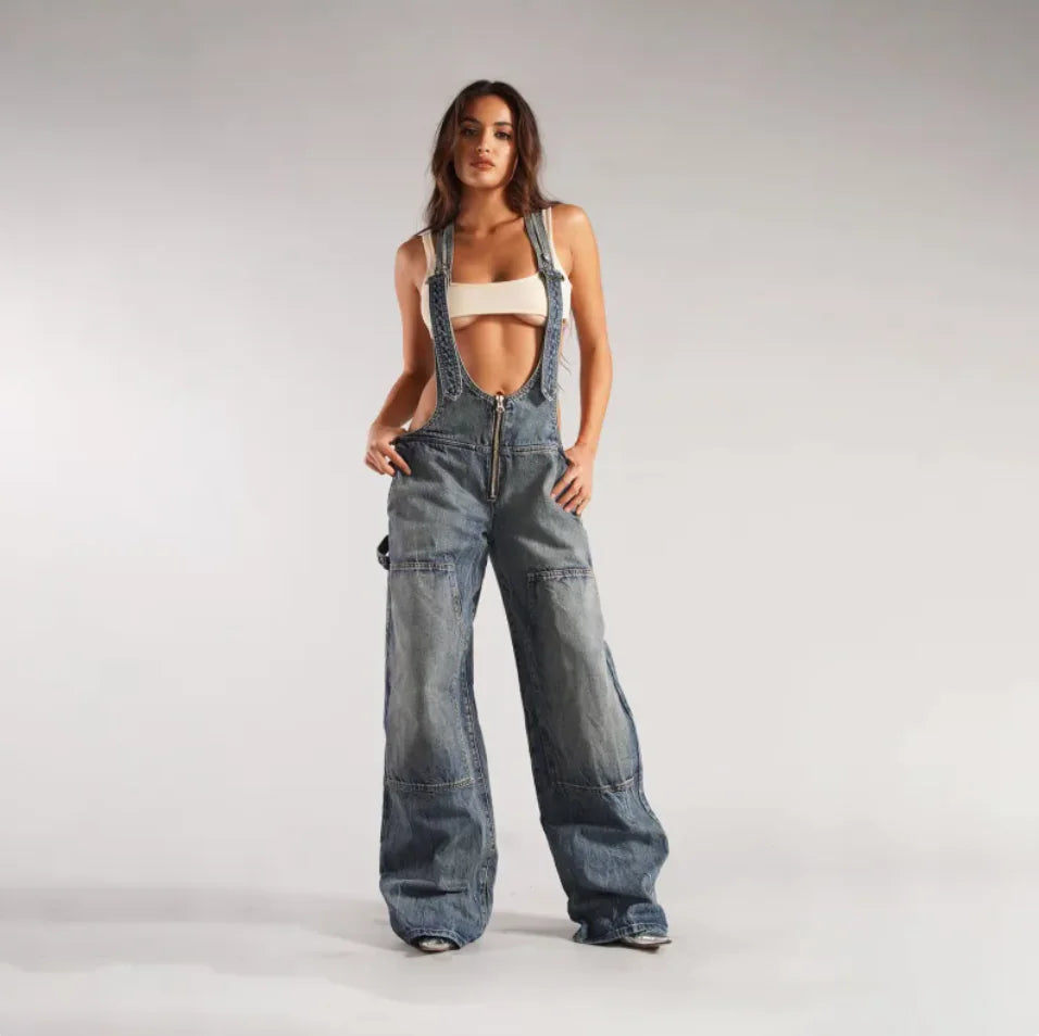 Macacão jeans com zíper estilo anos 2000