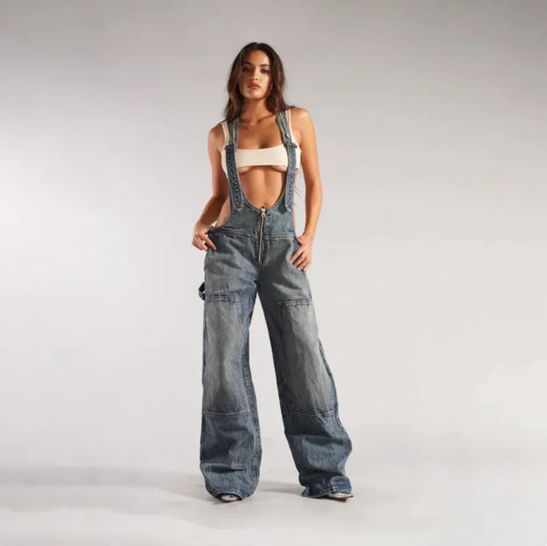 Y2K Zipper Denim Overalls - front view | The BB's Box